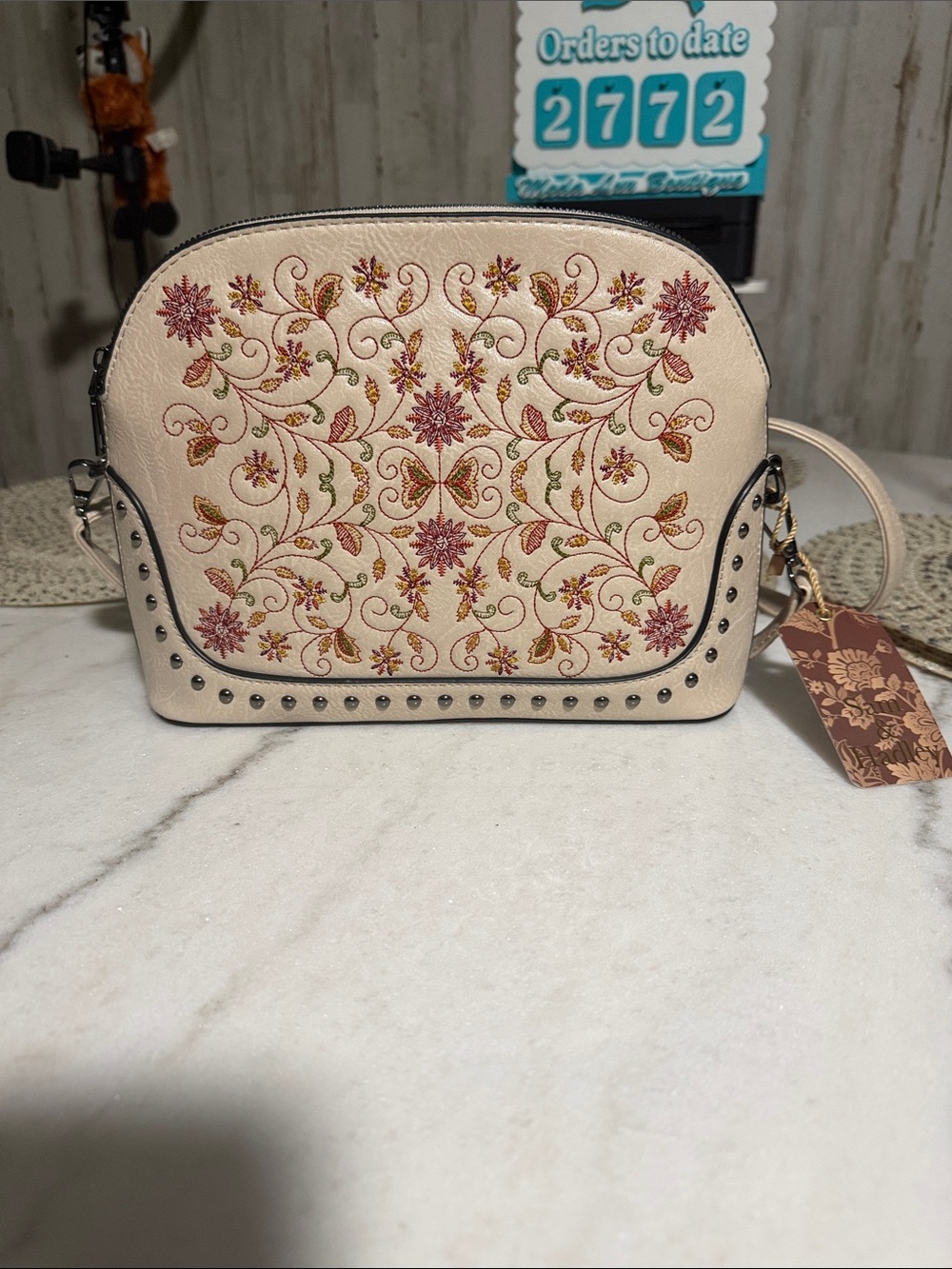 Embroidered Floral Cream Crossbody Bag with Stud Accents